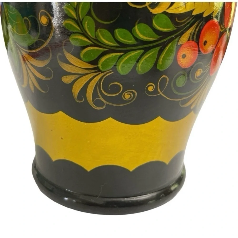 Vintage Russian Khokhloma Hand Painted Wood Floral Vase Folk Art